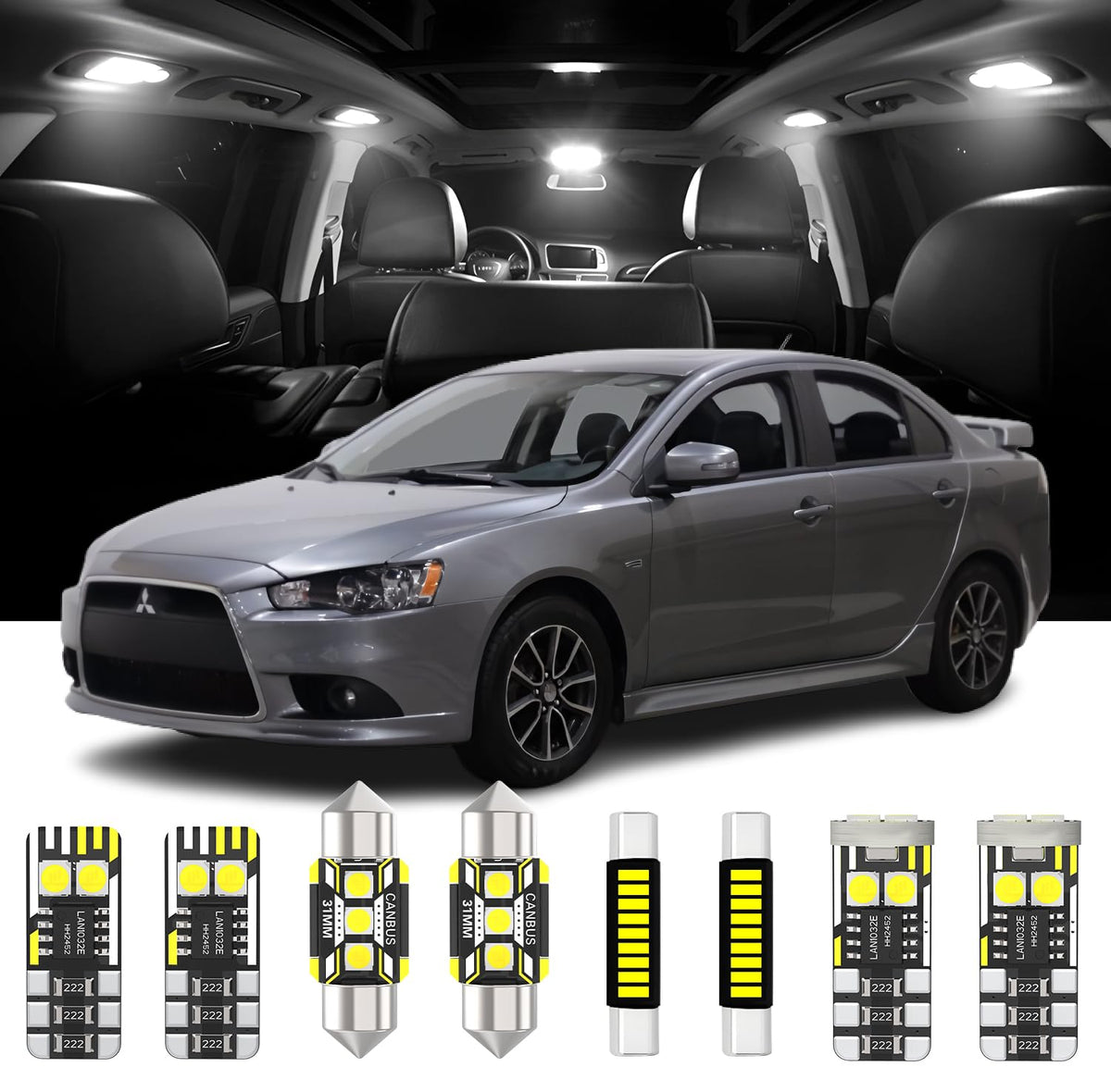 6 Pieces Interior LED Lights Replacement for Mitsubishi Lancer/Lancer Evo 2002-2017 White LED Interior Bulbs Accessories