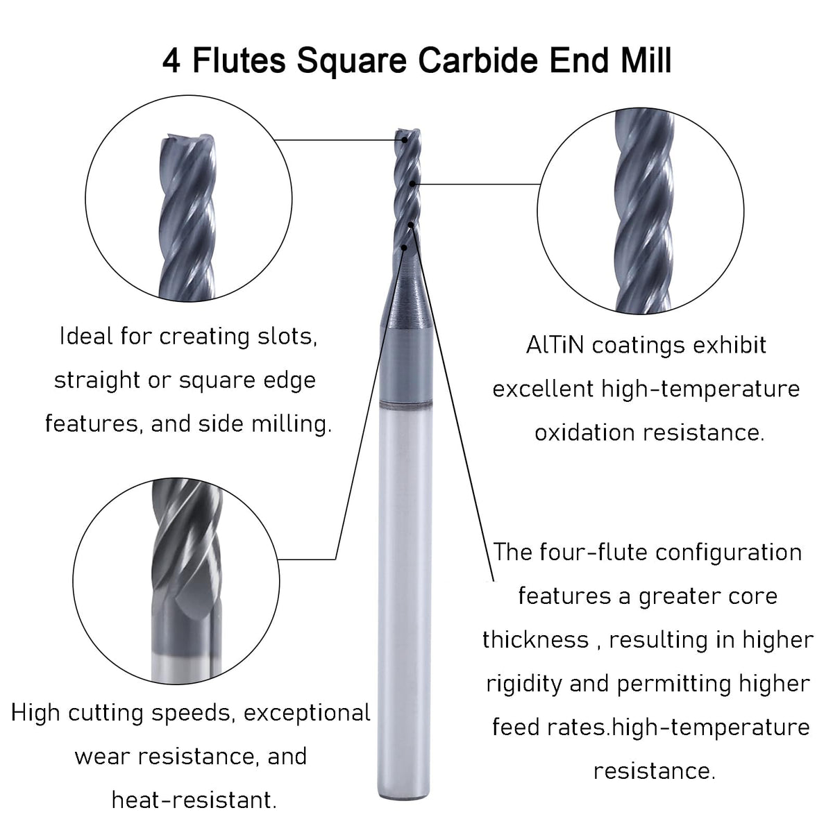 XYunEnZ 1/16" 4-Flute Square End Mill AlTiN Coated Carbide, 5Pcs