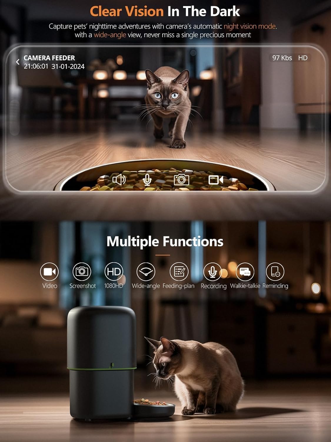 Automatic Cat Feeder with Camera - 5G WiFi Auto Cat Food Dispenser, 1080P HD Video with Night Vision, 1-15 Meals
