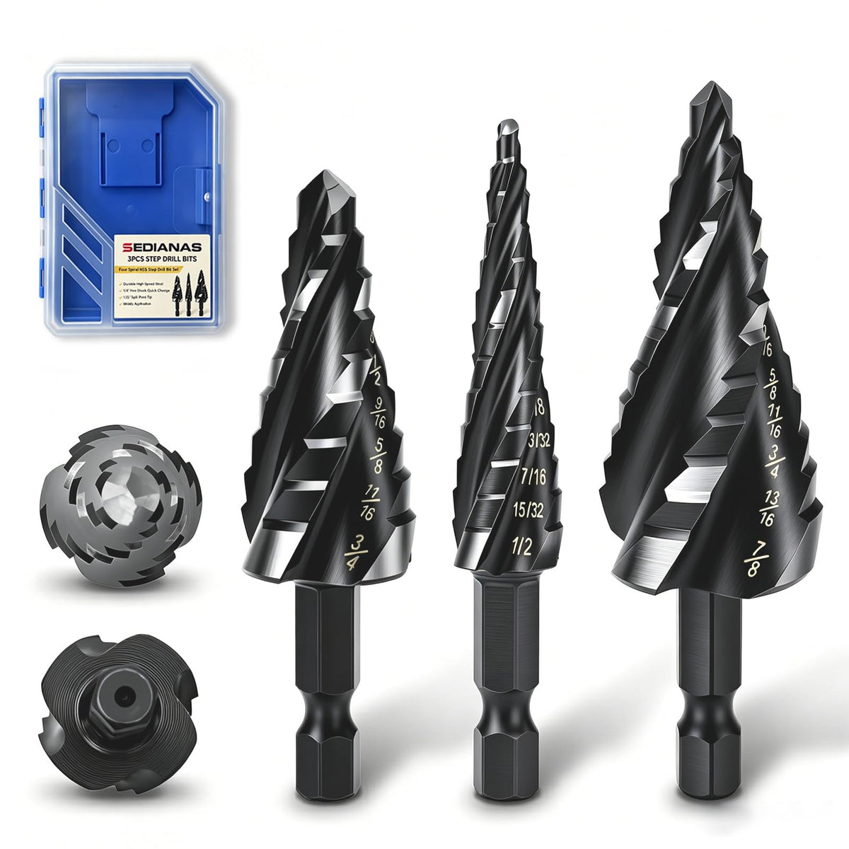 3PCS Step Drill Bit Set - Titanium Four Spiral Flute HSS Step Bit