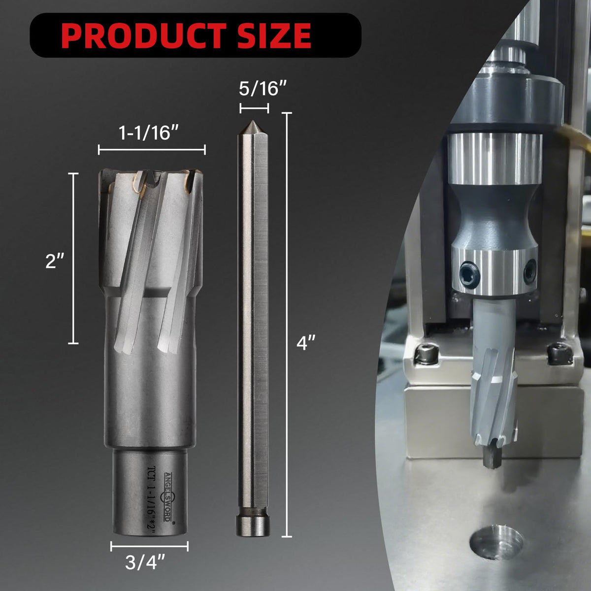 ANGELSWORD TCT Annular Cutter Diameter 1-1/16", Cutting Depth 2" Tungsten Carbide Tipped, Mag Drill Bits Kit for Magnetic Drill Press, with One 5/16"*4" Pilot Pin