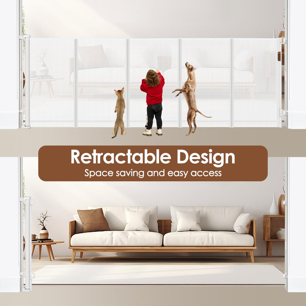 48" x 100" Extra-Wide Retractable Indoor Mesh Pet & Child Safety Gate with One-Hand Safety Lock for Wide Openings, Patios & Stairways
