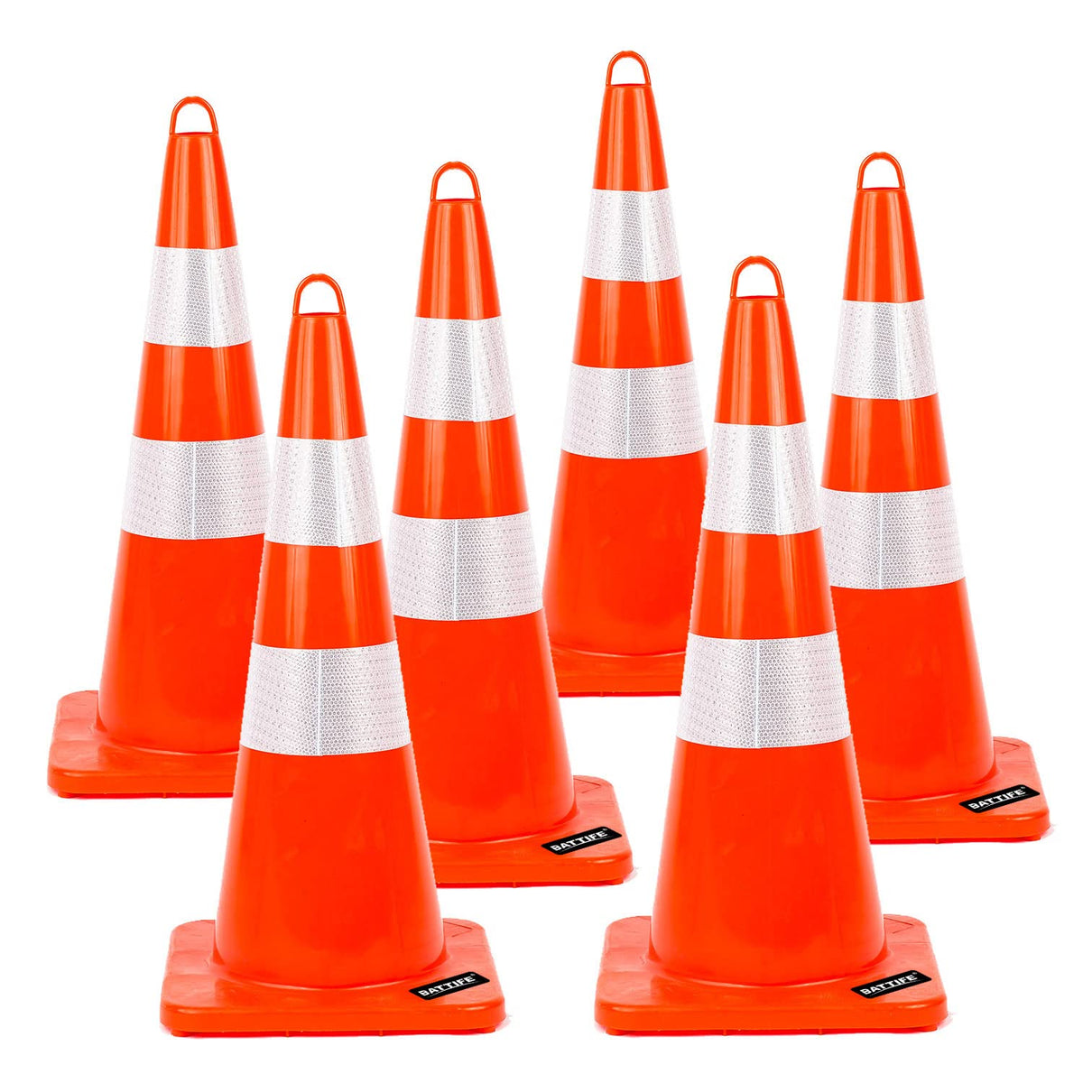Traffic Safety Cones 28 Inch 6 Pack Orange Heavy Duty | Top ring for easy carry & storage, reflective collars, tough