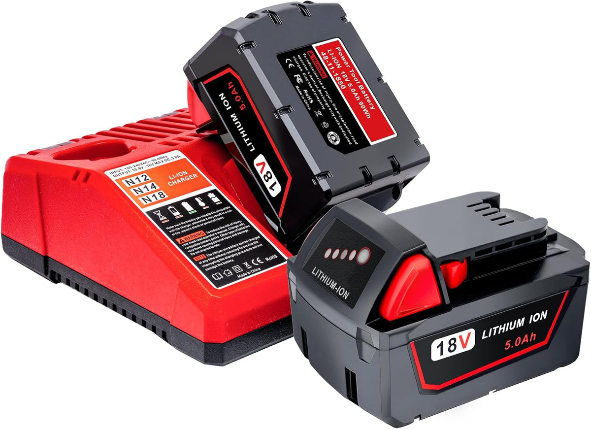 2 Pack Replace for Milwaukee M18 Battery 5.0ah and Charger Combo,Compatible with Milwaukee M18 Cordless Power Tools 18V Lithium Battery 48-11-1850 48-11-1840 48-11-1860