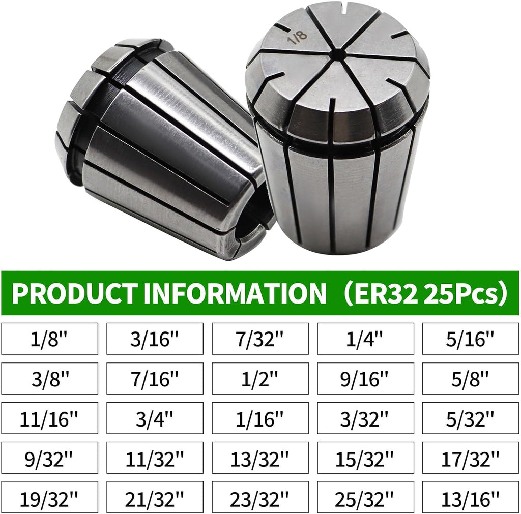 25Pcs ER32 Spring Collet Set 1/16"- 13/16"