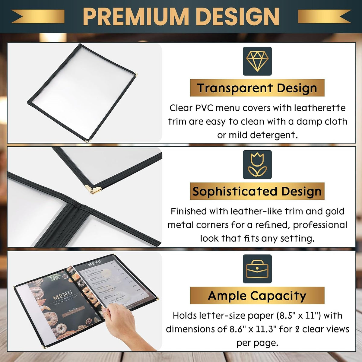 Menu Covers 8.5 x 11 Inch, 2 Pack (4 Page 8 View)