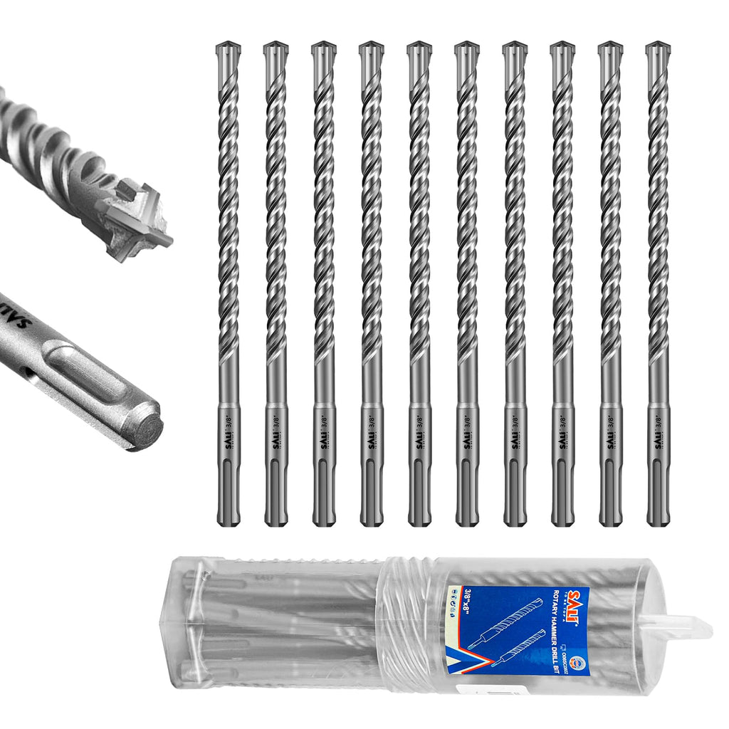SALI 10PCS 3/8"*8" SDS Plus Rotary Hammer Drill Bit Concrete Drill Bit Kit Cross-Type Double Thread Carbide Material Suitable for Brick, Cement Walls, Stone, Hammer Drill Bits