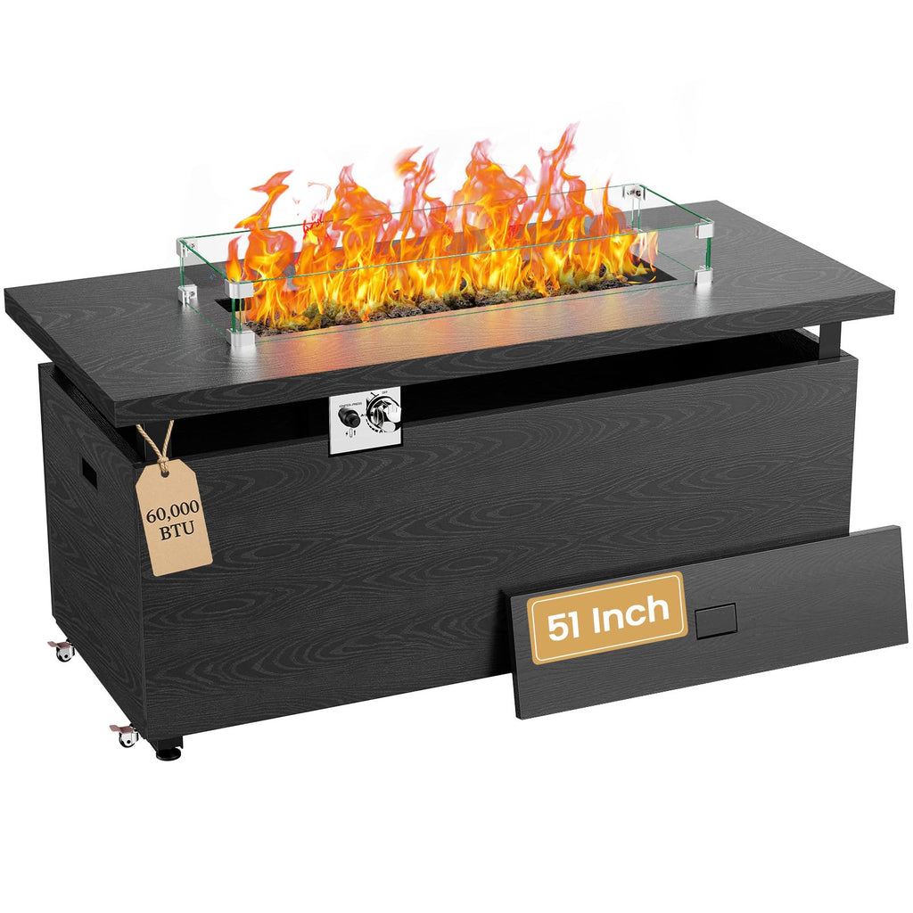 51" 4-in-1 Propane Fire Pit Table, 60000 BTU with Glass Wind Guard