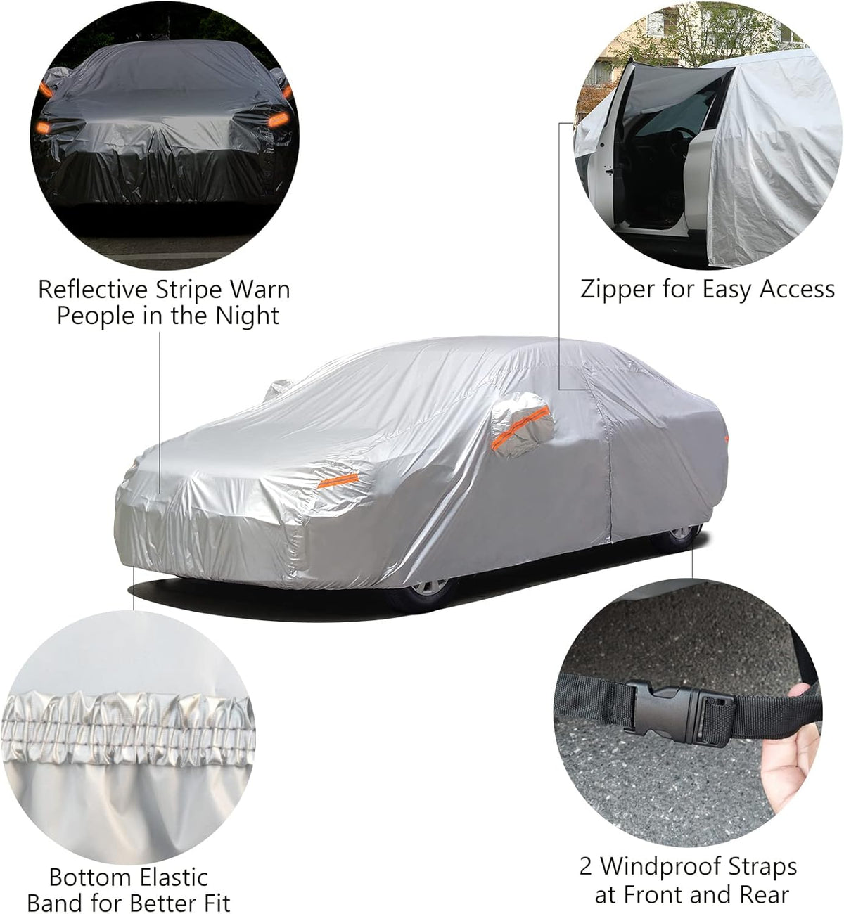 Car Cover with Zipper, 2 Layer Full Car Covers Waterproof/UV Protection/Snowproof/Dustproof, Universal Car Cover (Fit