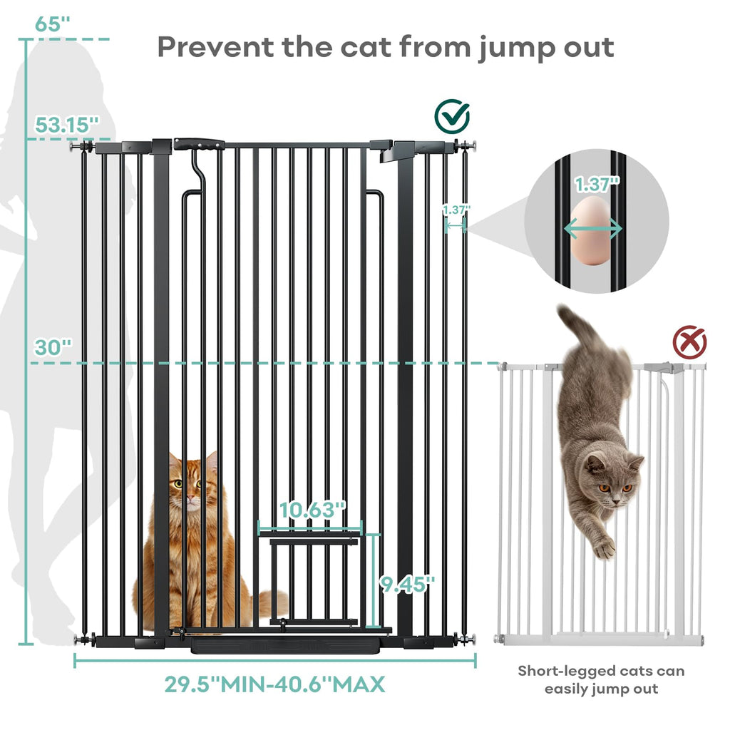 Extra-Tall Full-Height Anti-Jump Cat & Pet Safety Gate with No-Drill Pressure Mount & Auto-Close Walk-Through Door — Black