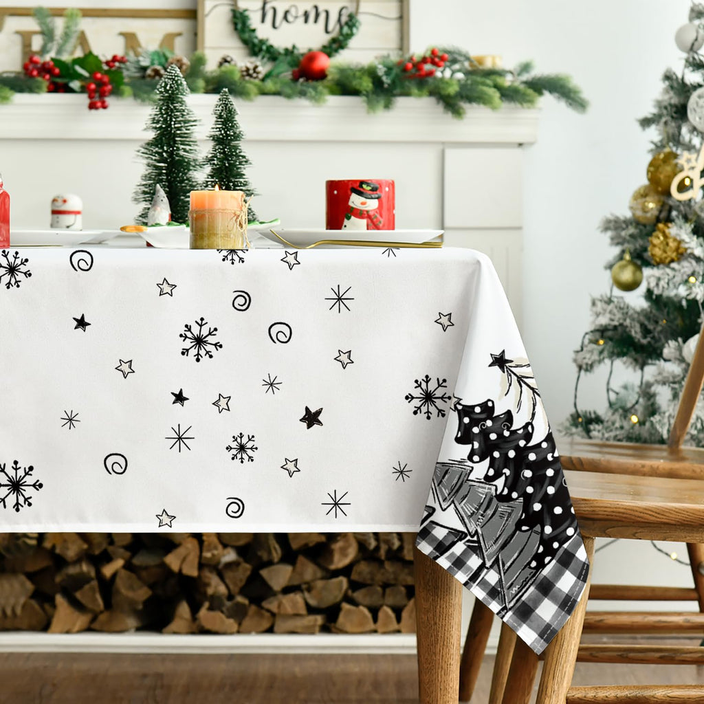 Christmas Tablecloth 60×84 Inch Rectangular, Christmas Trees Buffalo Plaid Black Washable Table Cover for Party