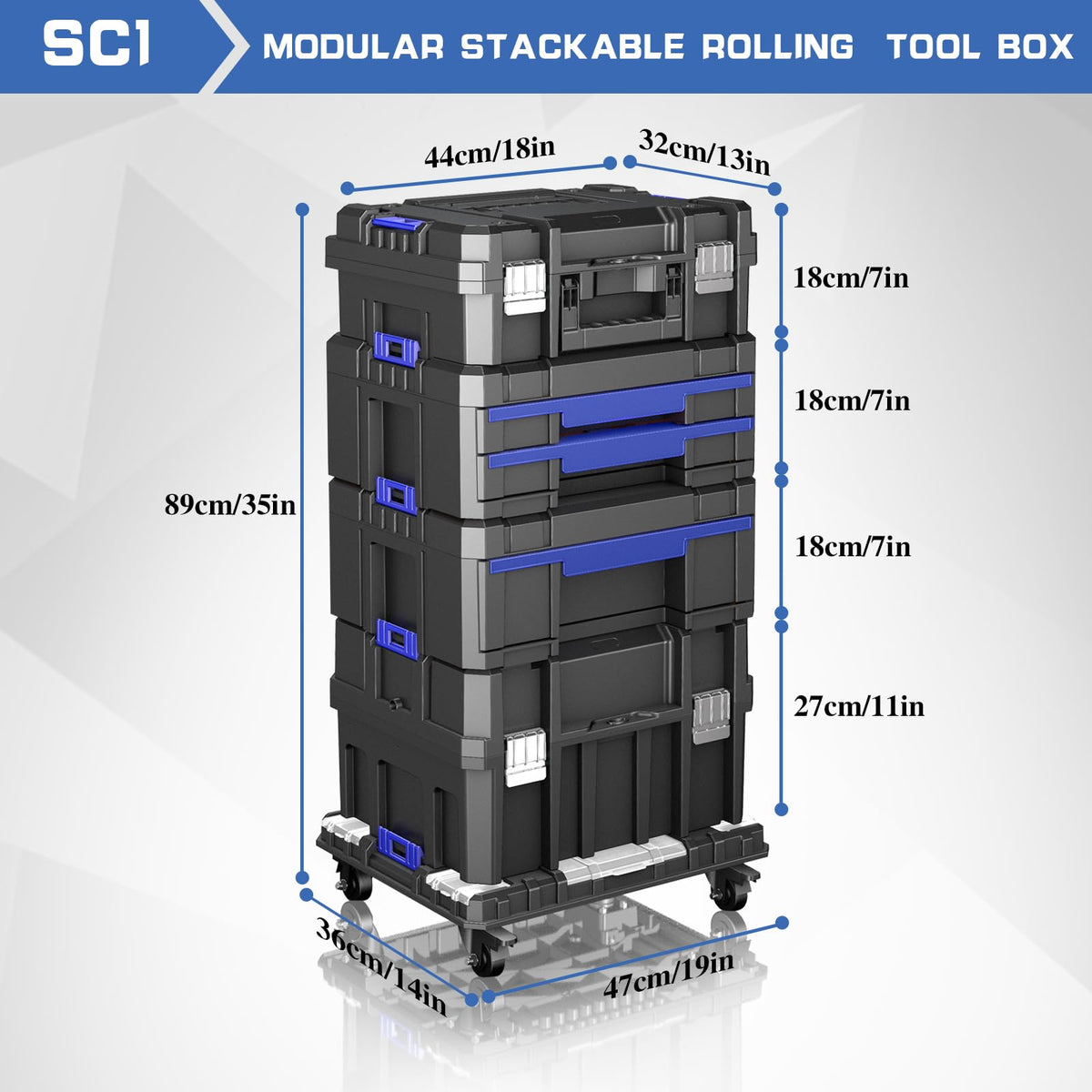 4 Tier Stackable Rolling Tool Box with Wheels, 18” Tool Box Organizer