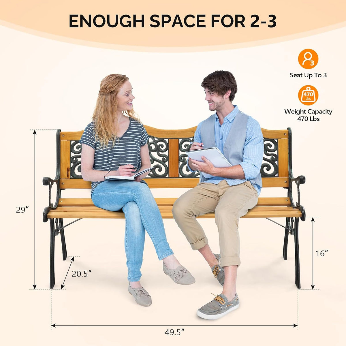 Classic Cast Iron & Teak Arched Back Rectangular Outdoor Bench, 3-Seater, 470 lbs Capacity, Easy Assembly, Weather