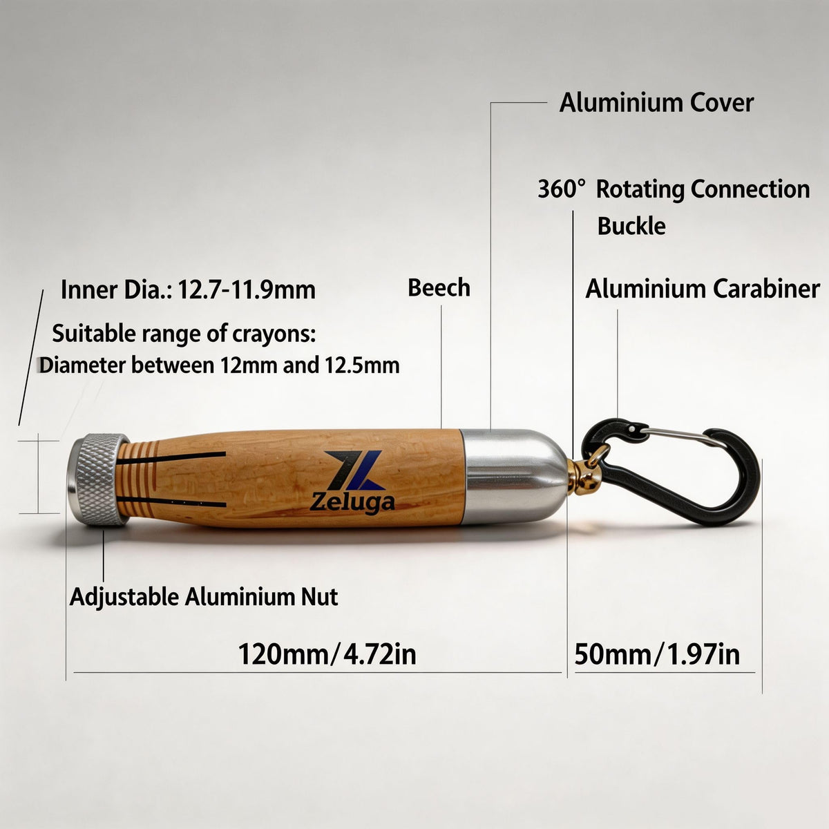 Zeluga 30-560 Lumber Crayon Holder, Beech Wood Clip w/Aluminum Carabiner