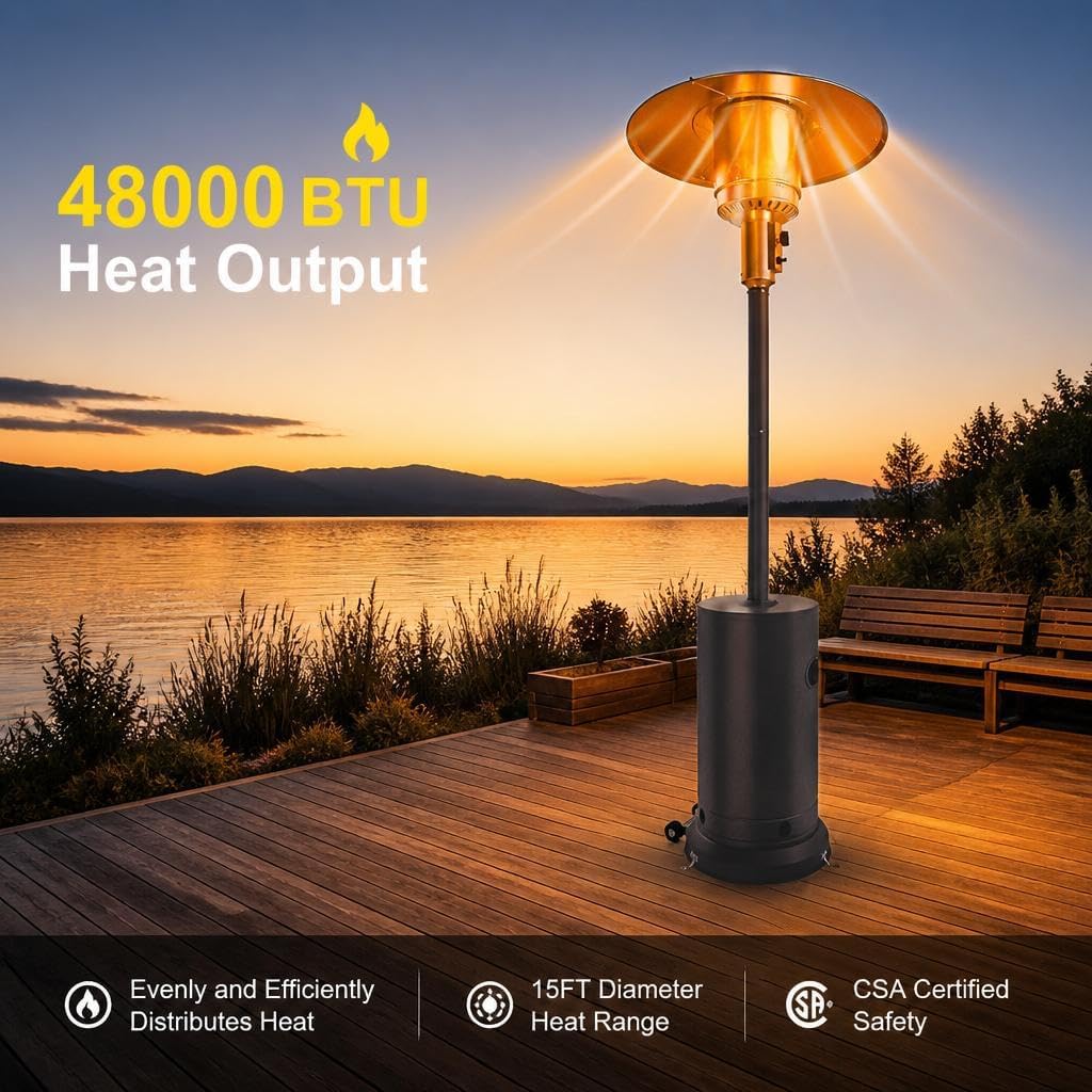 Outdoor Patio Heater 48000 BTU, Propane Outdoor Heater with Wheel, Auto-off