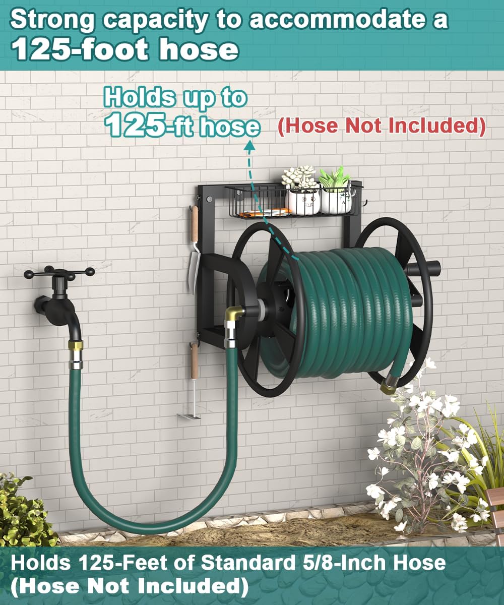 Outdoor Wall Mounted Hose Reel with Hook, Garden Heavy-Duty Water Holder Winder with 3.9 ft Leader Hoses, Brass