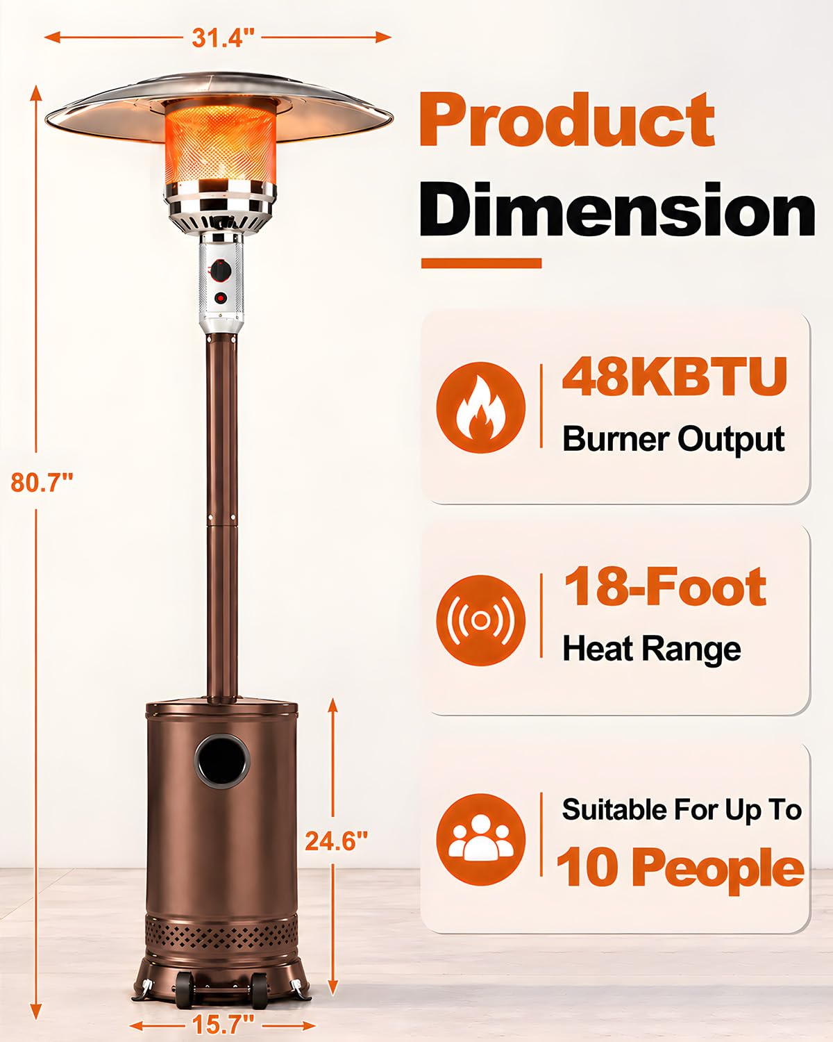 48,000 BTU Patio Heater, Outdoor Propane Heater with Wheels, Gold