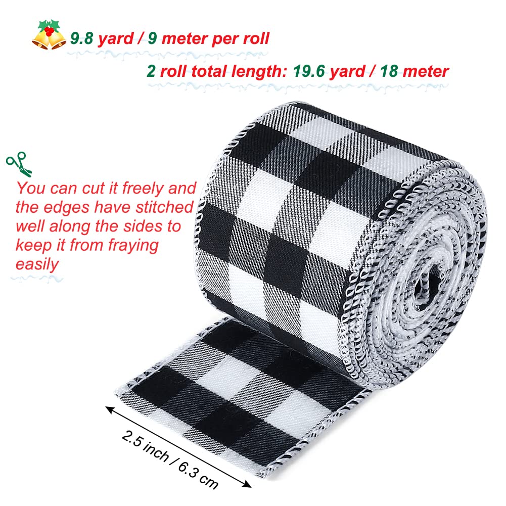 19.6 Yard 2.5 inch Wide Buffalo Plaid Ribbons Wired Edges, 2 Rolls Black and White Checkered Ribbon for Christmas