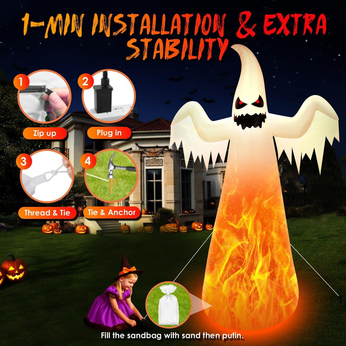 12FT Giant Halloween Inflatables Ghost with 7-Colored Flame Rotation LED Lights, Huge Halloween Decorations Outdoor