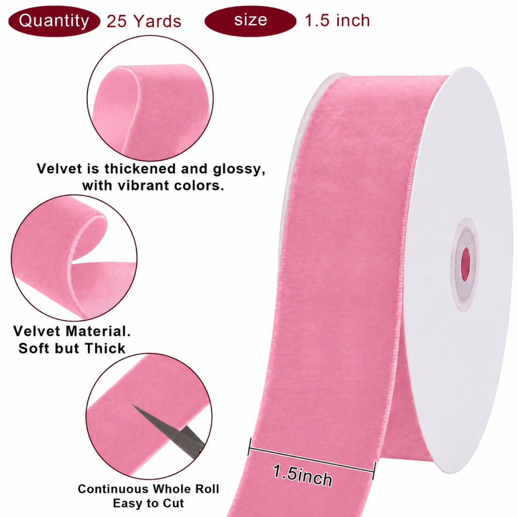 25 Yards Pink Velvet Ribbon for Christmas Tree, 1.5 Inch