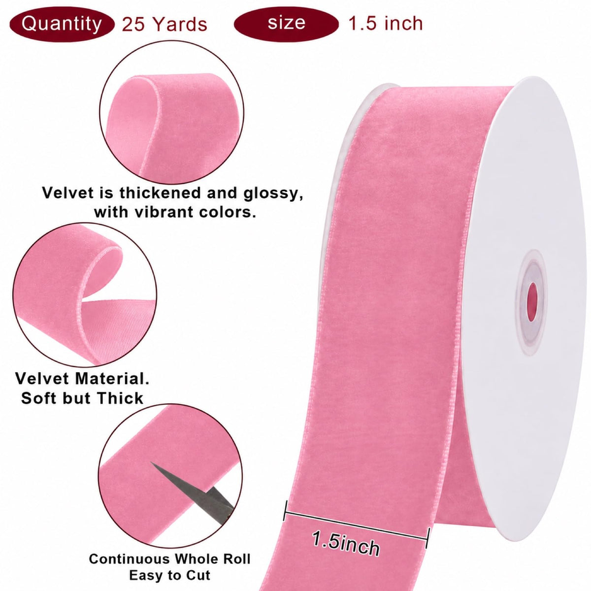 25 Yards Pink Velvet Ribbon for Christmas Tree, 1.5 Inch