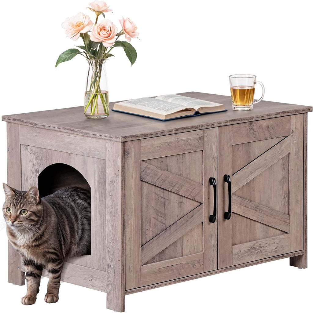 Cat Litter Box Enclosure, Litter Box Furniture Hidden, Wooden Litter Cabinet with Divider, Farmhouse Style Cat