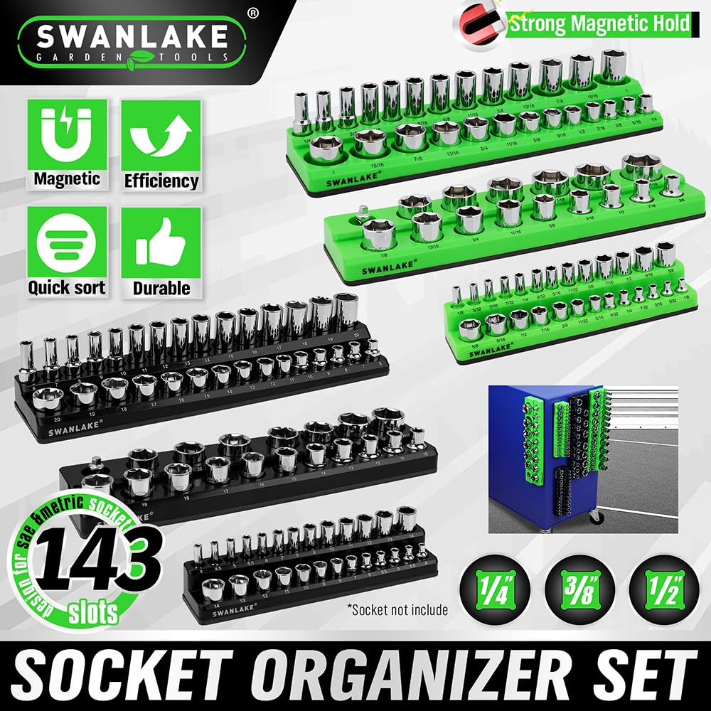 Magnetic Socket Organizer Set, 6-piece 1/4", 3/8", 1/2" SAE & Metric Sockets Holder, Drive Socket Trays, Storage Tool