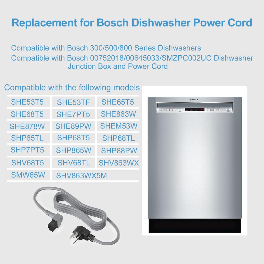 VHBW for Bosch Dishwashers Power Cord SMZPC002UC-00747210, Compatible with 24'' Bosch 800/300/500 Series Power Cord, Works with 00752018 Junction Box Plug Adapter (10A-18AWG)