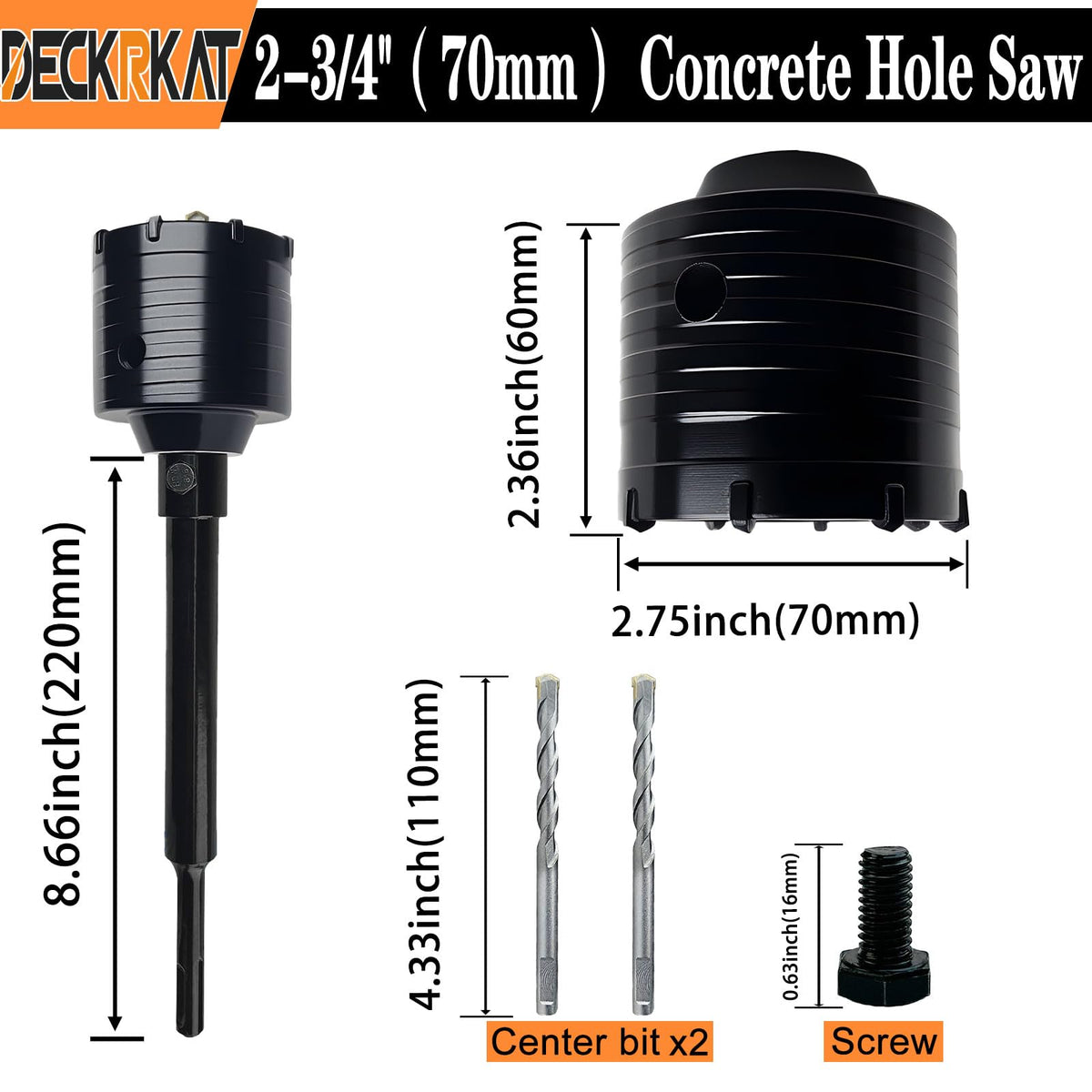 DECKRKAT 2-3/4" Concrete Hole Saw Kit,Electroplated Black Quenching Tech,Heavy-Duty Thickened Alloy Teeth,SDS Plus Shank & 2 Center Bits for Concrete,Brick,Stone.