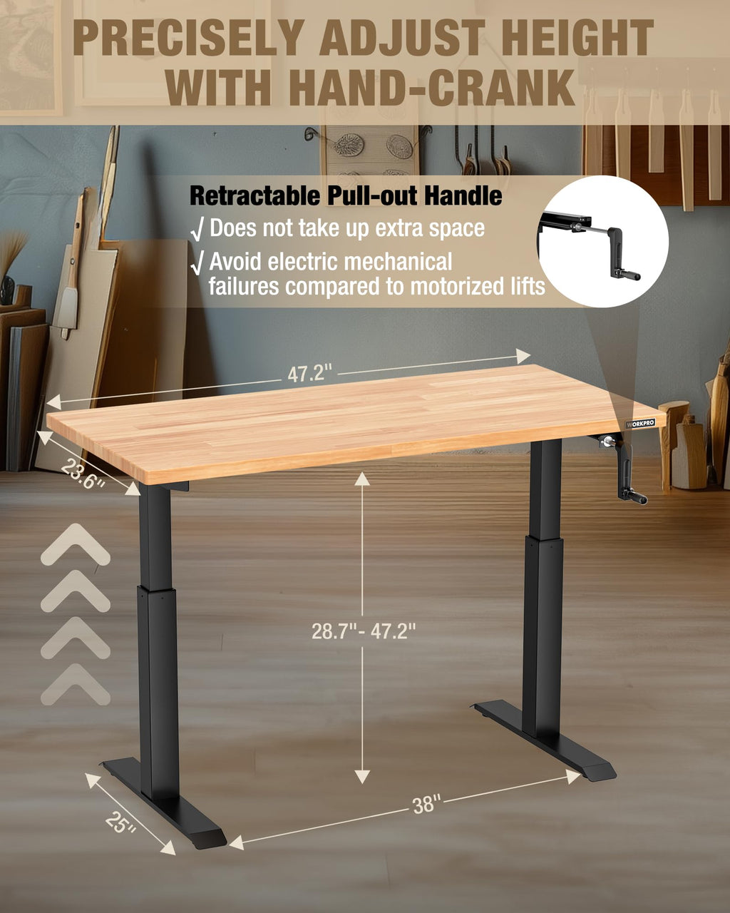 47.2" x 23.6" Adjustable Workbench, Hand Crank, 300 lb Capacity