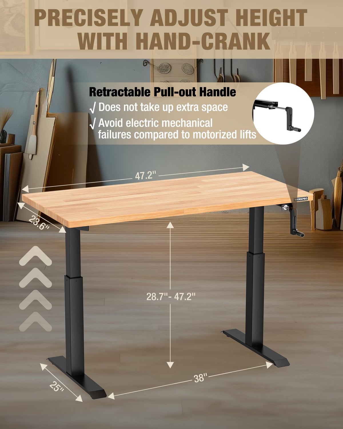 47.2" x 23.6" Adjustable Workbench, Hand Crank, 300 lb Capacity