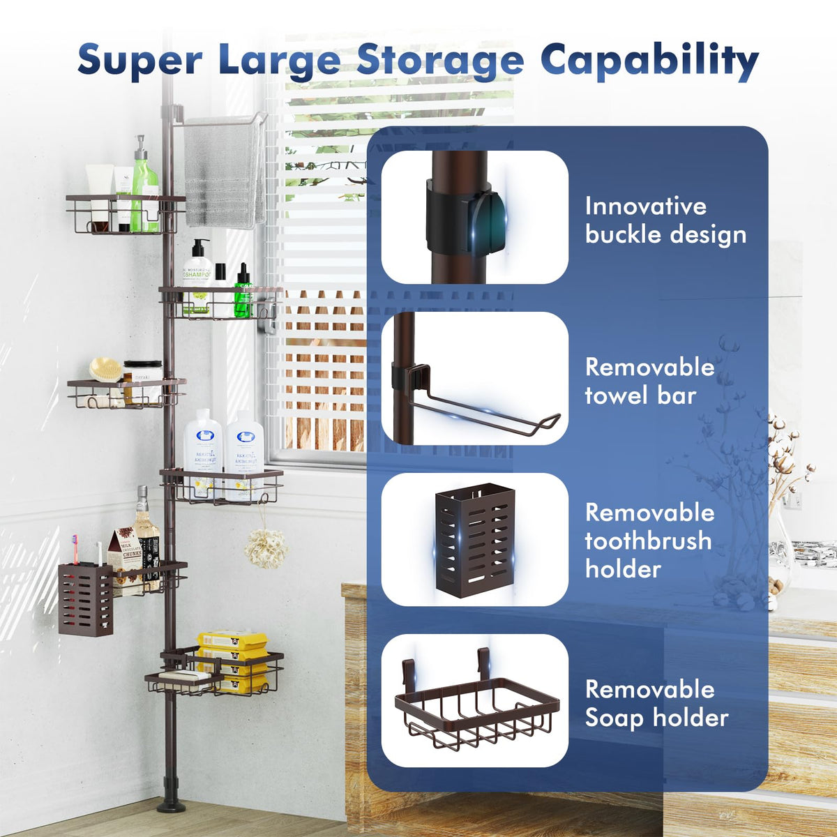 Corner Shower Caddy Tension Pole, Bathroom Organizer and Storage for Shower