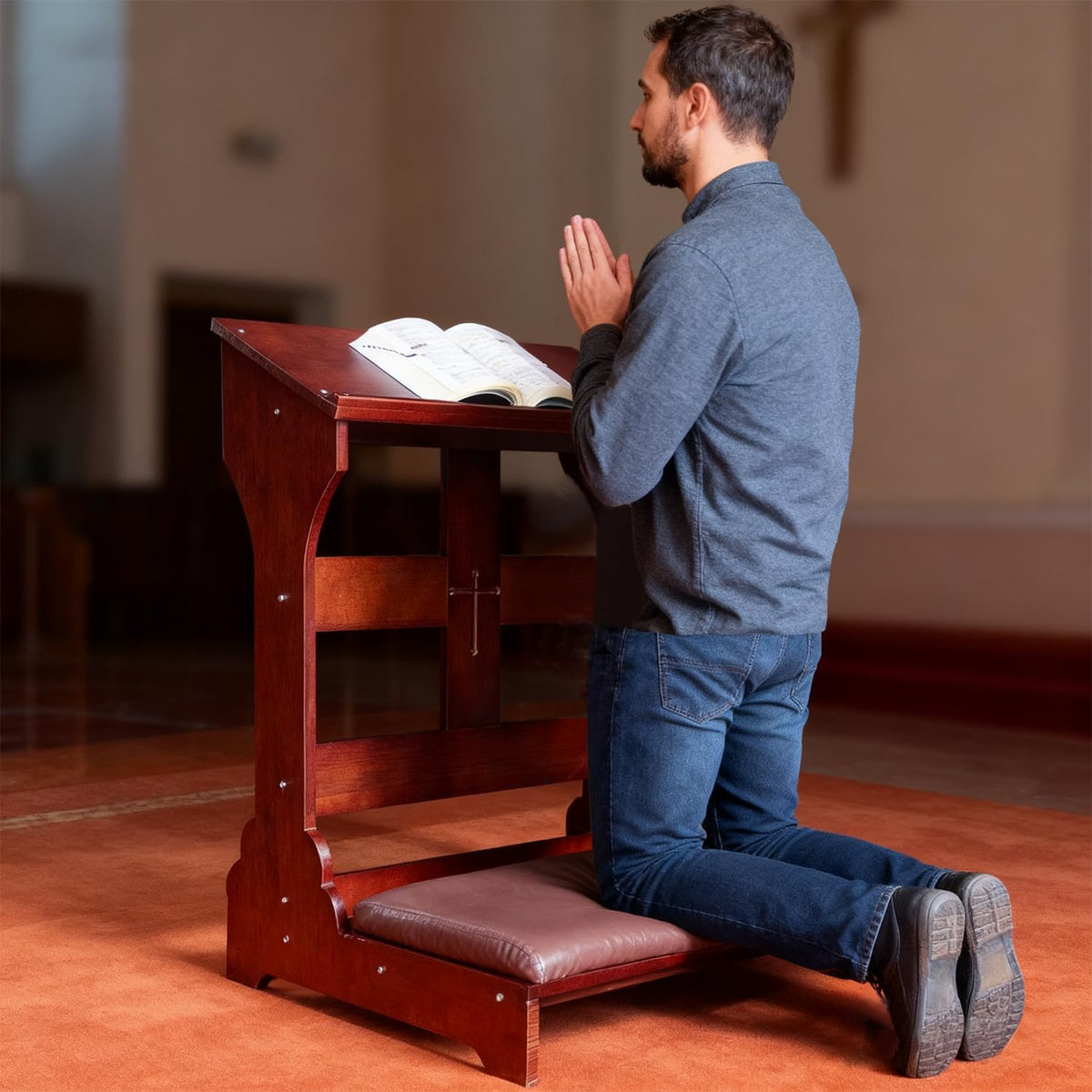 Wood Prayer Bench with Cushion – Kneeler for Home and Church, Padded Kneeling Stool with Slanted Shelf for Bible, 23"