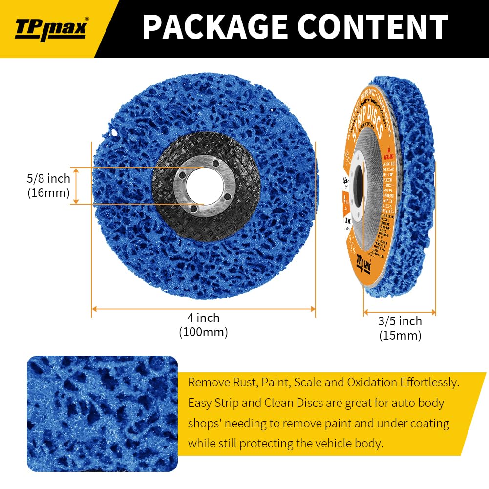 4" x 5/8" Stripping Discs for Rust and Paint Removal - Poly Abrasive Angle Grinder Wheels, 10-Pack (Blue)