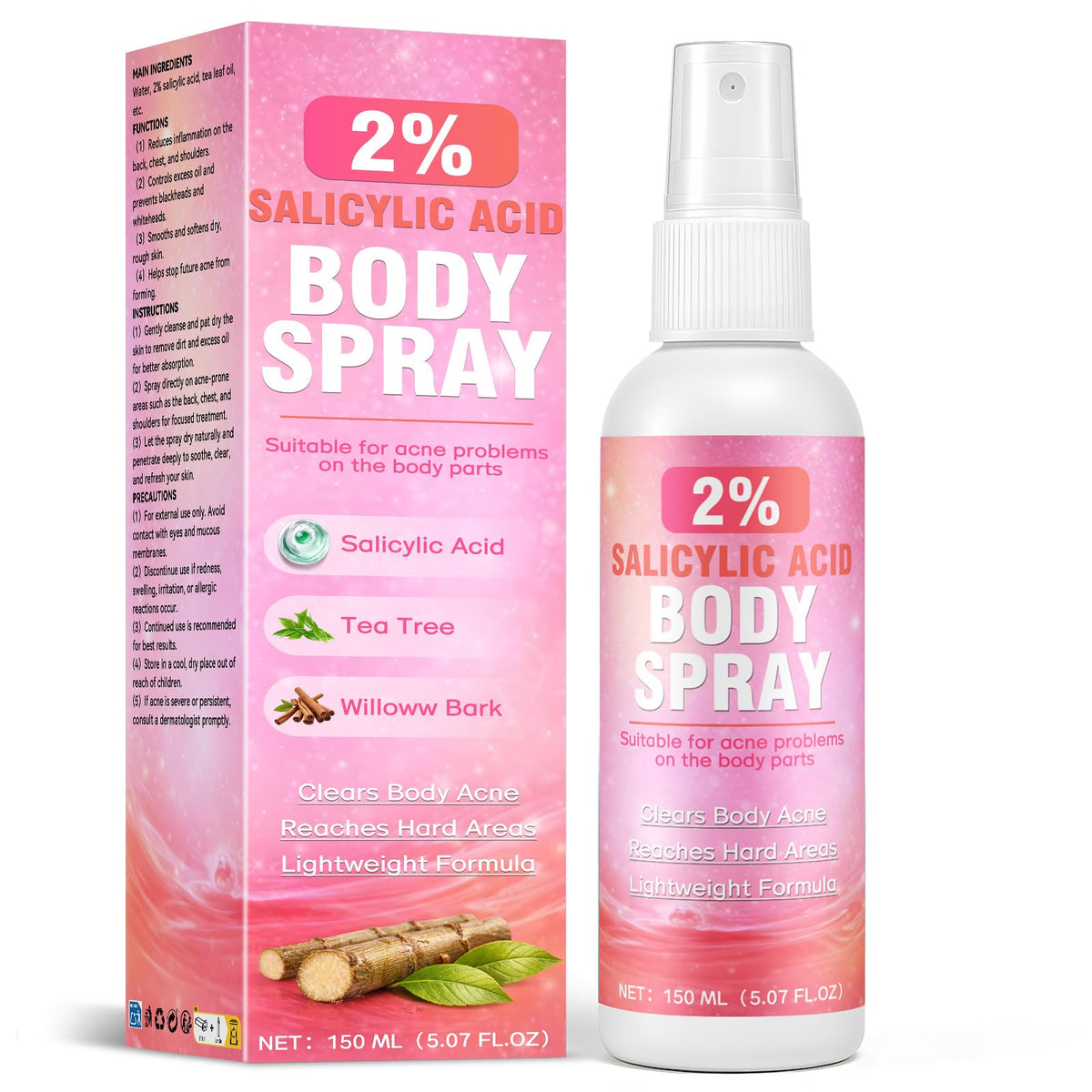 2% Salicylic Acid Spray, 360°Acne Spray, Targets Blemishes, Blackheads, Reduces Body Breakouts, Pore Clarifying