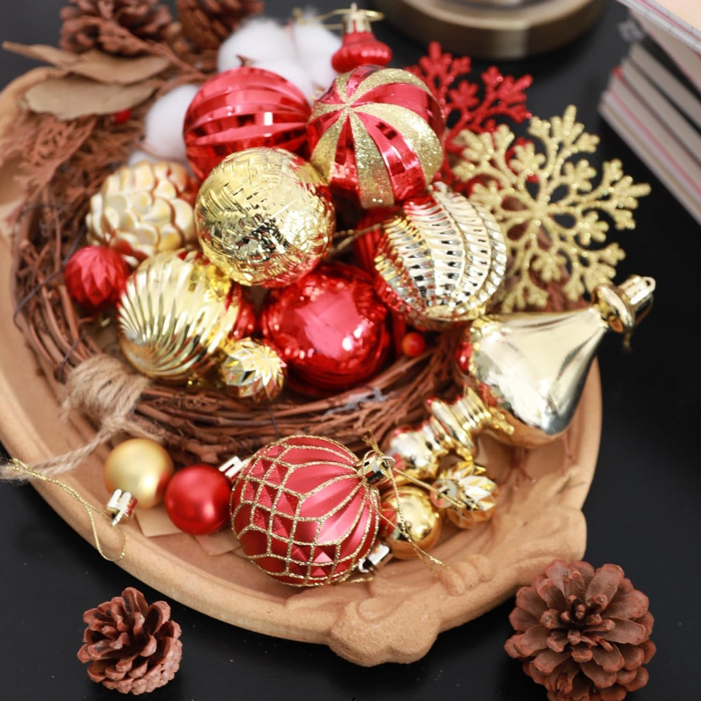 116ct 1.18-6.5" Red Gold Christmas Tree Ornaments Decorations Set