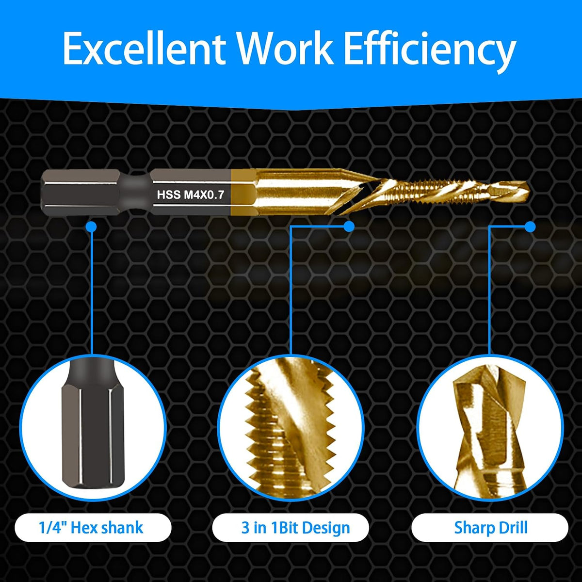 DKIBBITH 6-pc Metric M4 Combination Drill Tap Bit Set, M4*0.7 Thread Size, Titanium Coated High-Speed Steel, Ideal for Drilling and Threading in Soft Metal Wood and Plastic,1/4" Hex Shank