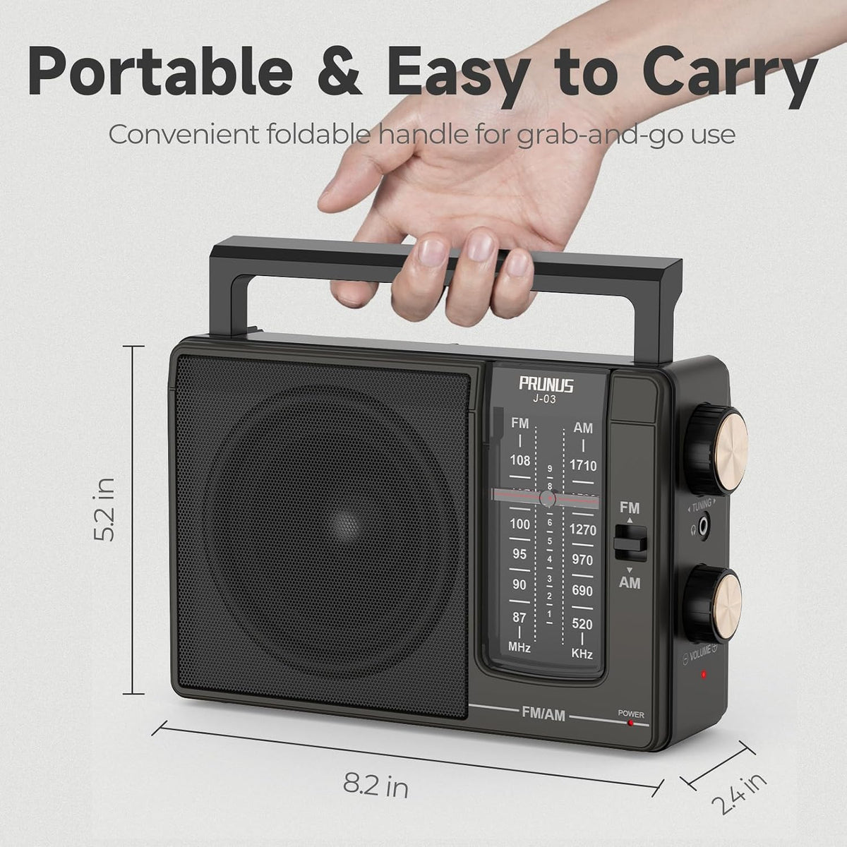J03 AM FM Radio Portable Plug in Wall or AA Battery Operated for Home/Outdoor, Large Speaker Excellent Sound and