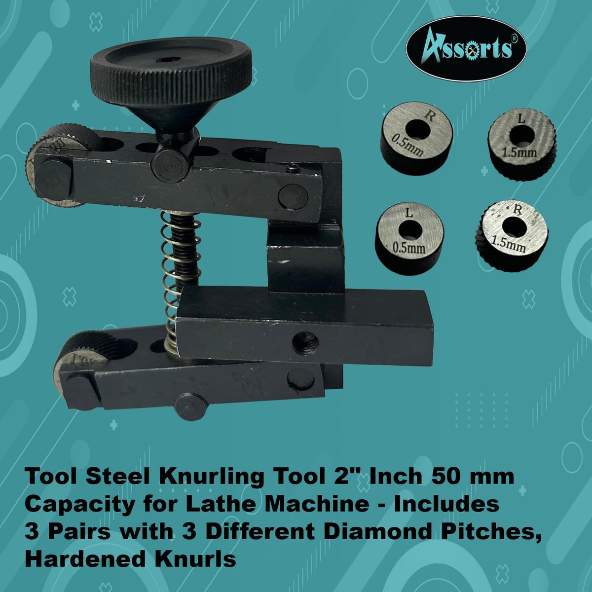 Tool Steel Knurling Tool 2" Inch II 50 mm Capacity for Lathe Machine - 3 Pairs x 3 Different Diamond Pitch Hardened knurls