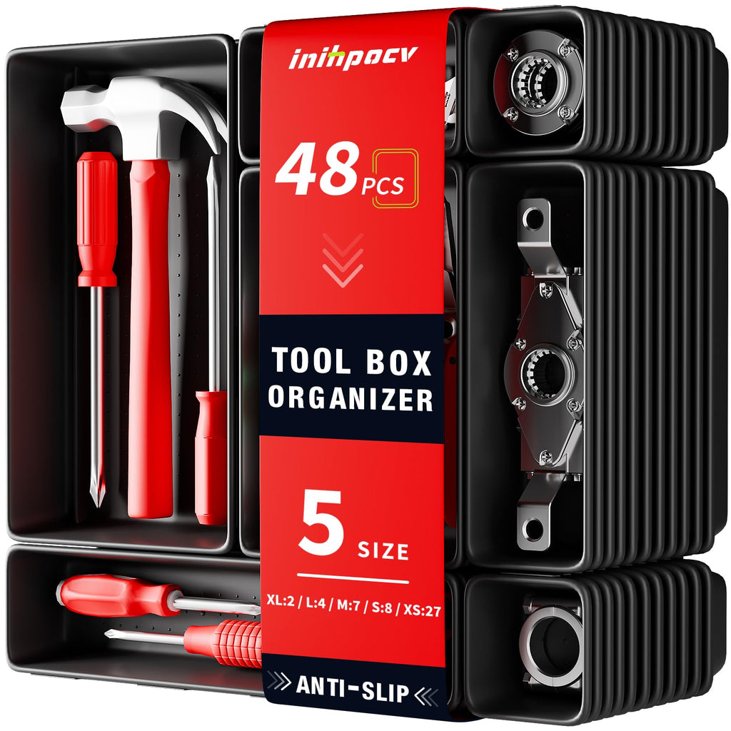【48PCS & 5 Sizes】 Tool Box Organizer Tray, Toolbox Drawer Organizer with Non-Slip Pads, Desk Drawer Divider Set, Fits