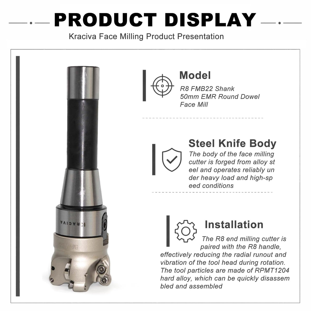 Kraciva R8 Shank 50mm EMR Round Dowel Face Mill Set
