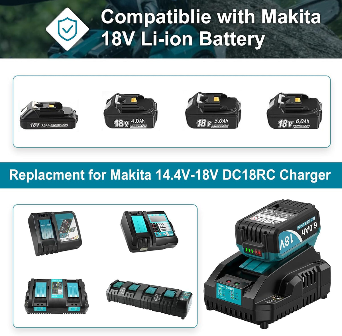 Twupixy 6000mAh 18V Battery Replacement for Makita 18V Battery and Charger DC18RC, Compatible with Makita LXT 18 Volt Batteries BL1850 BL1840 BL1830 BL1820 BL1815 Cordless Power Tools