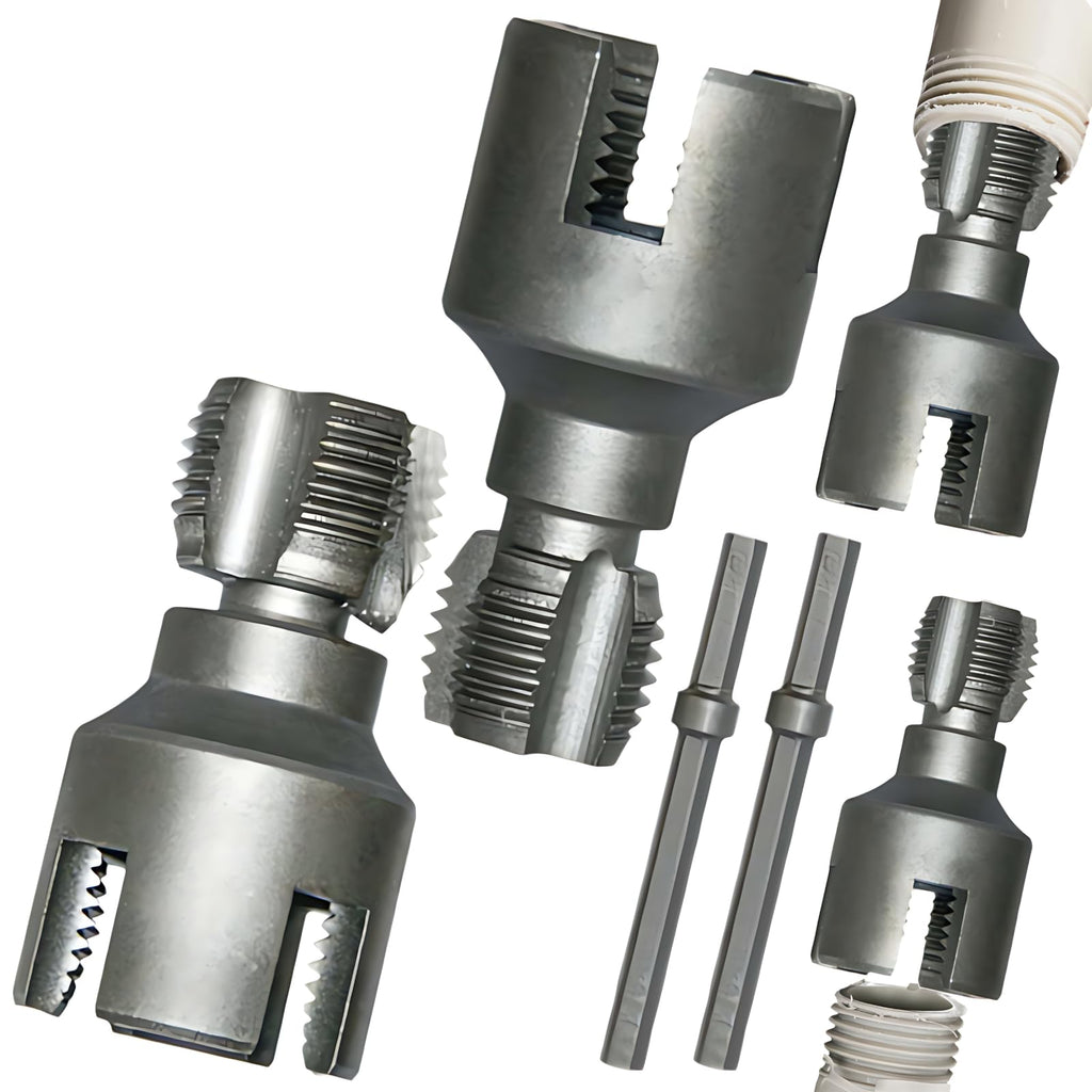 Integrated Internal & External Pipe Threading Tool, 1/2'' 3/4'' Dual-Function Pipe Thread Cutting Tool, Electric Drill Compatible PVC & Plastic Pipe Threader Kit Rethreading Tool Tap Die Set (2xAll)