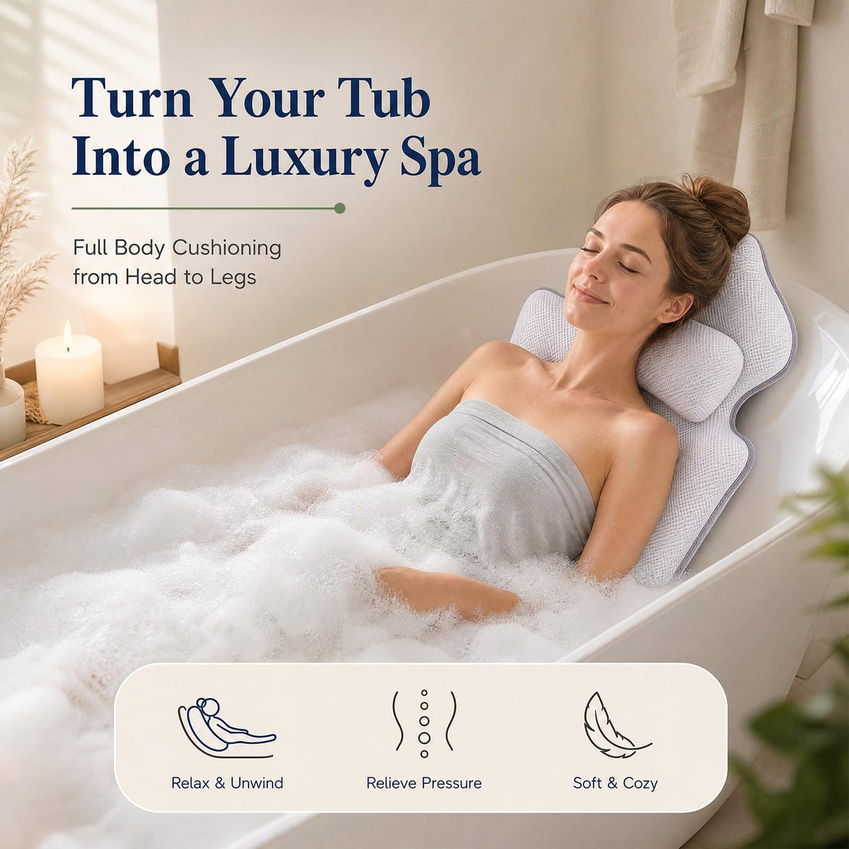 Full Body Bath Pillow for Tub, 55"x17" 5D Air Mesh Cushion with Lumbar & Neck Support – 168 Non-Slip Suction Cups Spa