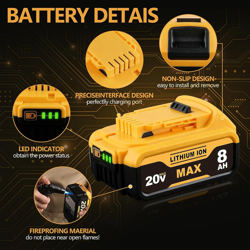 8.0Ah Compatible with DeWalt 20V Max Battery