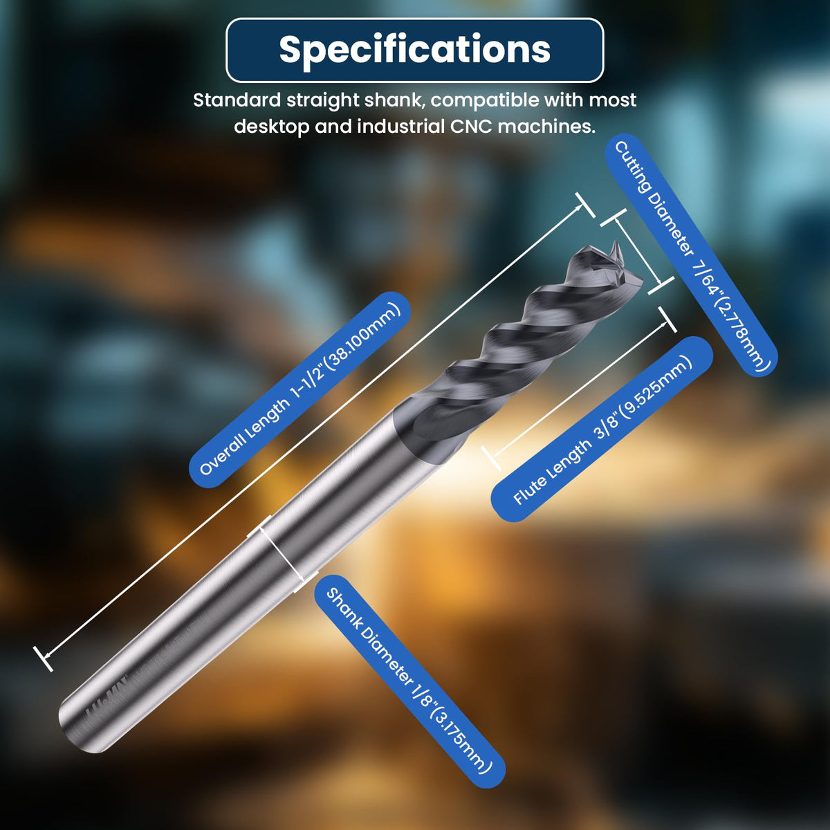 LU&MN Carbide Square End Mill, 4 Flute, 7/64", 2 Pieces
