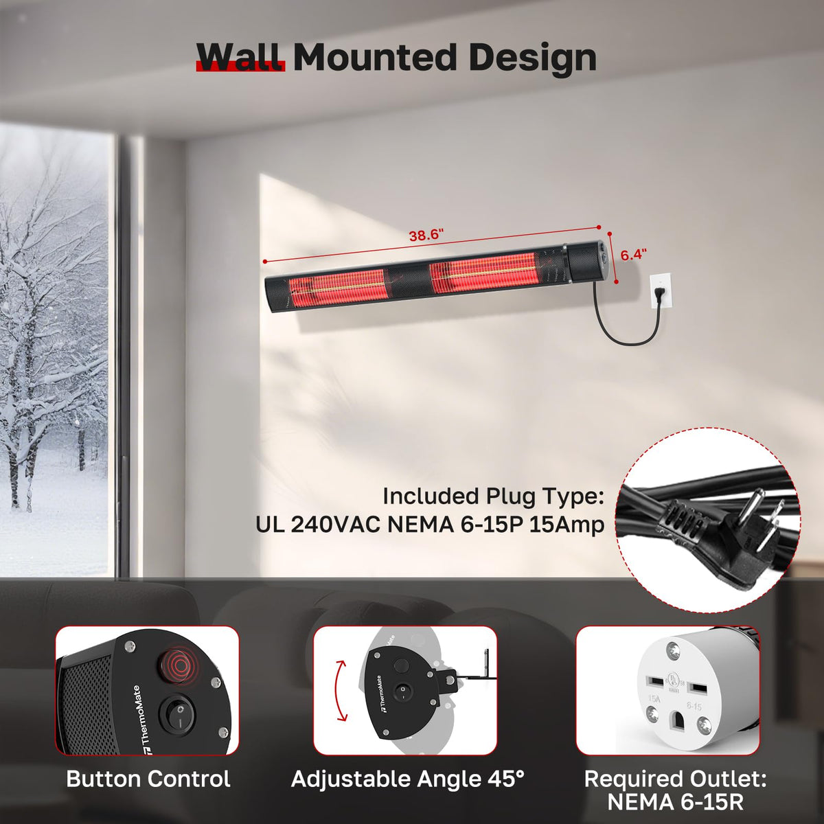 Infrared Heater, Outdoor Heater for Patio, Garage, Restaurant, 3000W Carbon Fiber 240V with Remote, ETL Certified Black