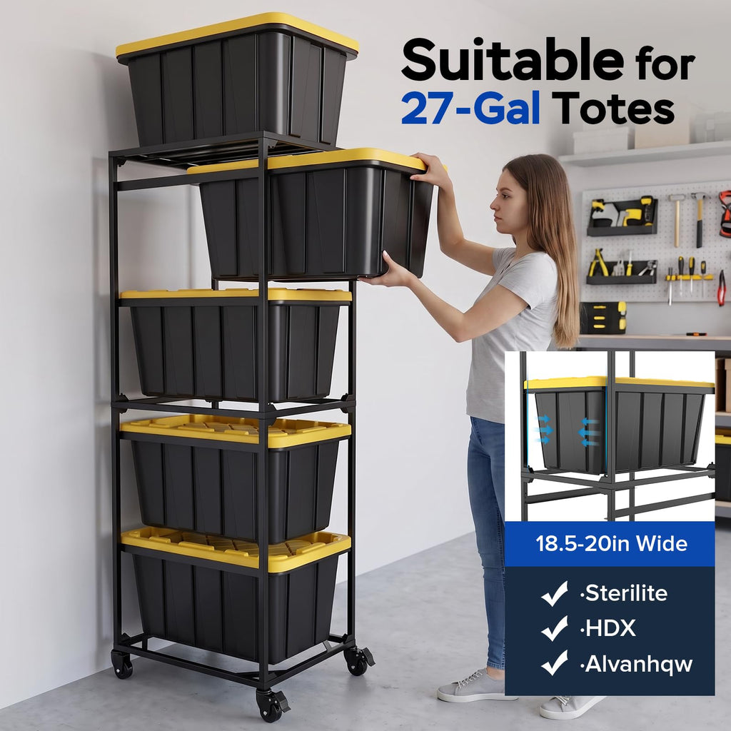 27 Gallon Tote Storage Rack,Storage Bin Rack with Wheels,300lb