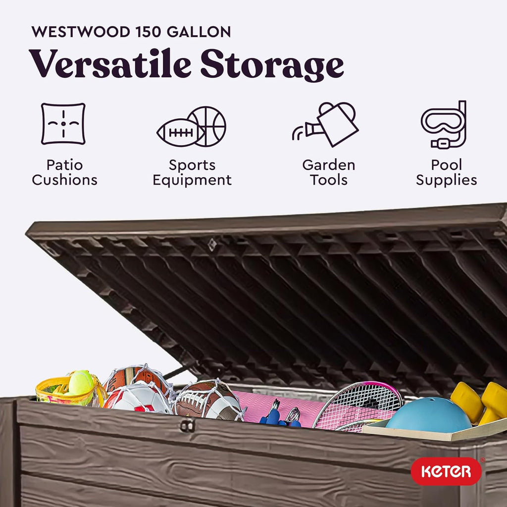 Westwood 150 Gal Outdoor Storage Box for Patio and Pool Accessories | Brown, Resin, Large, Weatherproof, Lockable