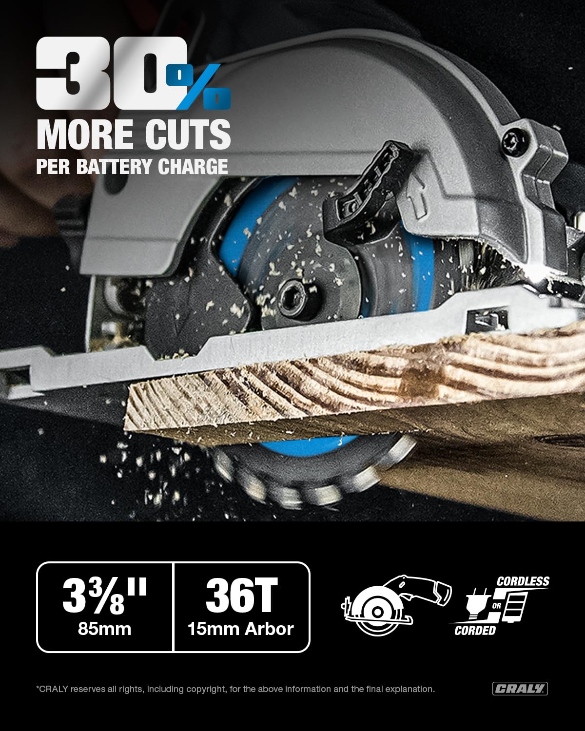 CRALY 3-3/8 Inch 36 Teeth Fine Finish Wood Cutting Circular Saw Blade, 15mm Arbor, Carbide Tipped, Thin Kerf, Black Ice, for Plywood, MDF, OSB, Laminated, 3-Pack(C0336FF-3)